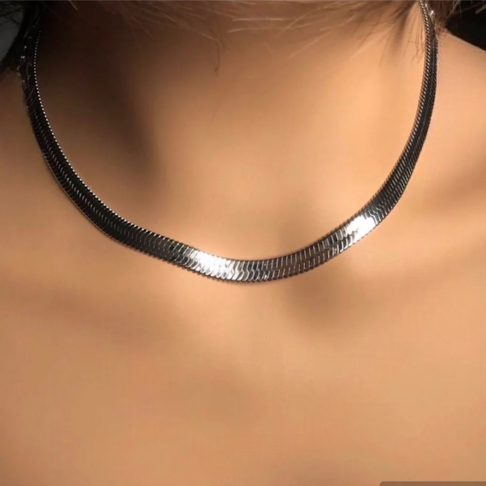 New Black Wide Omega Chain Snake Herringbone Necklace